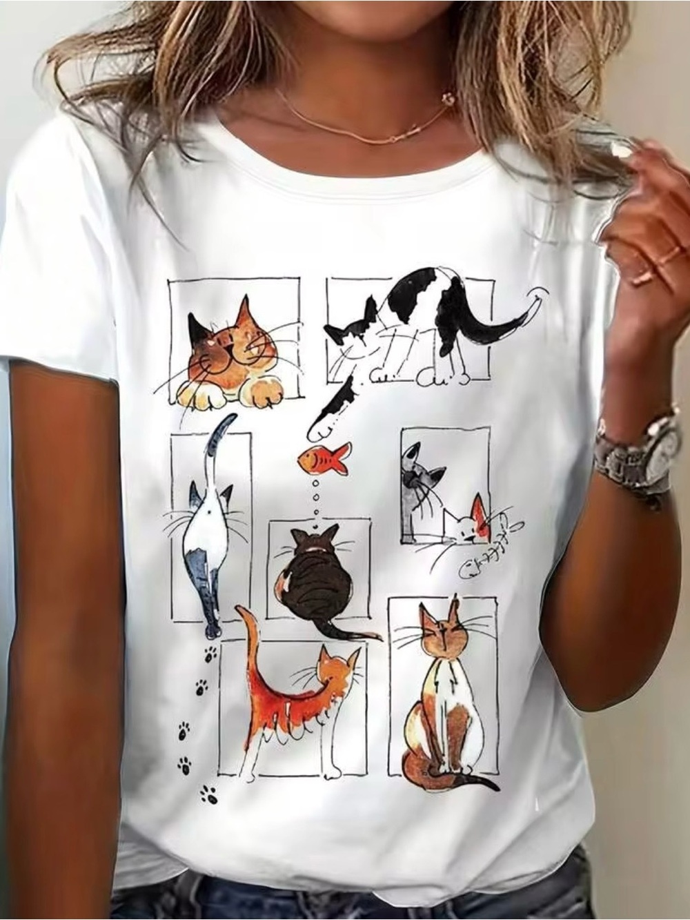 White Cat Cartoon Graphic Tee - Casual Pets Cat Shirt